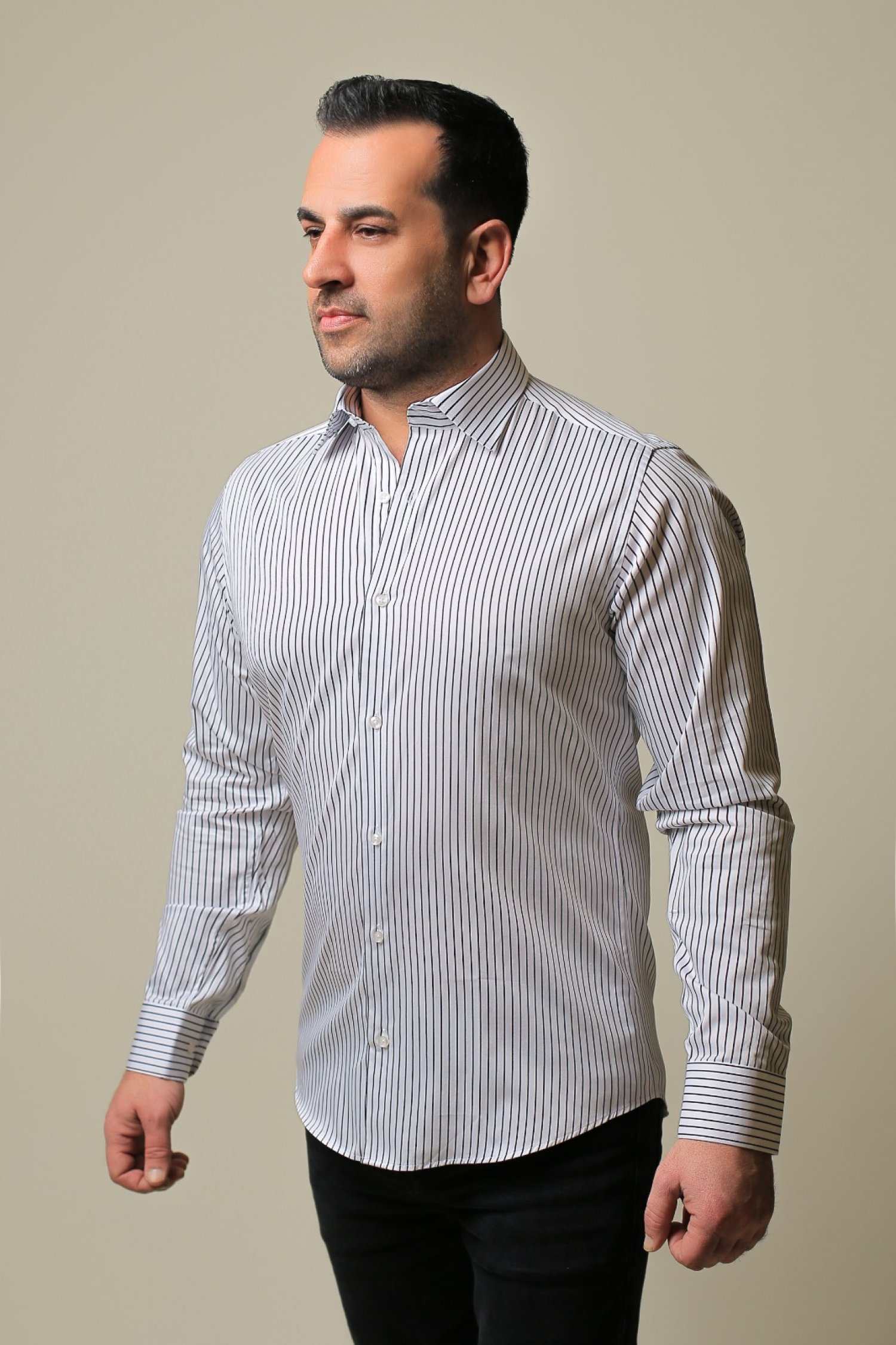 %100 Pamuk Saten Siyah Çizgili Beyaz Slim Fit Erkek Gömlek - L 3IJ8