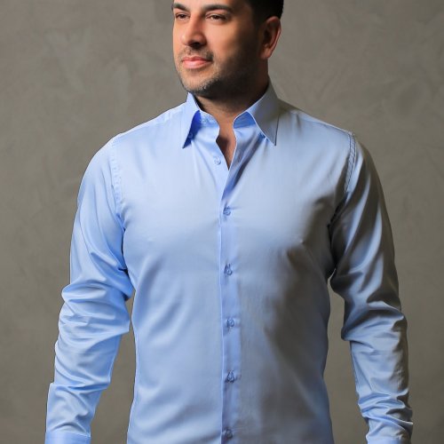 %100 Pamuk Saten Erkek Mavi Slim Fit Gömlek - XL