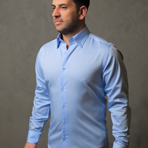 %100 Pamuk Saten Erkek Mavi Slim Fit Gömlek - L GOP5