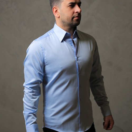 %100 Pamuk Saten Erkek Mavi Slim Fit Gömlek - L QK3Z