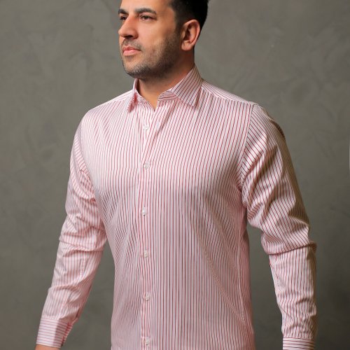 %100 Pamuk Saten Kırmızı Çizgili Beyaz Slim Fit Gömlek  - XXL