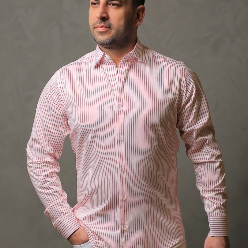 %100 Pamuk Saten Kırmızı Çizgili Beyaz Slim Fit Gömlek  - XXL VH37