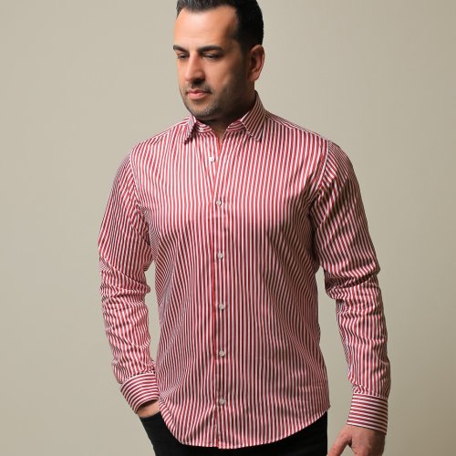 %100 PAMUK SATEN KIRMIZI ÇİZGİLİ SLIM FIT GÖMLEK - S 0FMX