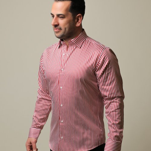 %100 PAMUK SATEN KIRMIZI ÇİZGİLİ SLIM FIT GÖMLEK - S NA2A