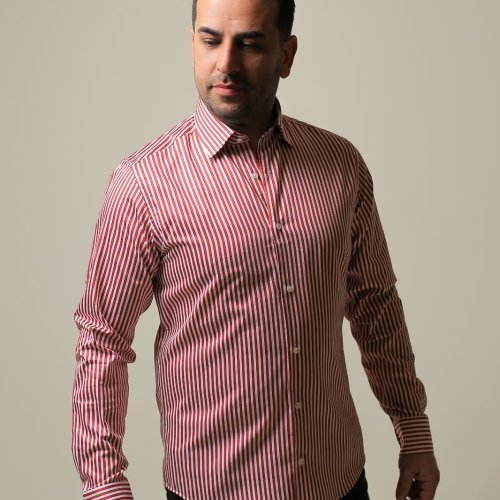%100 PAMUK SATEN KIRMIZI ÇİZGİLİ SLIM FIT GÖMLEK - S NV78
