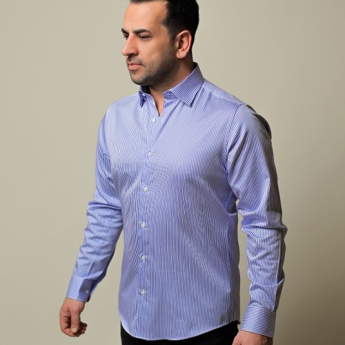 %100 PAMUK SATEN MAVİ İNCE ÇİZGİLİ SLİM FIT GÖMLEK - M OALX