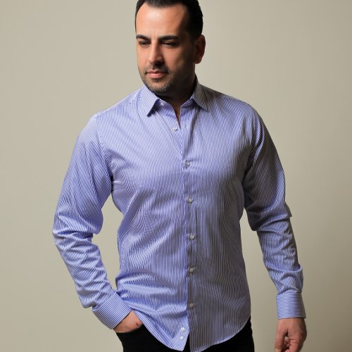 %100 PAMUK SATEN MAVİ İNCE ÇİZGİLİ SLİM FIT GÖMLEK - M POHC