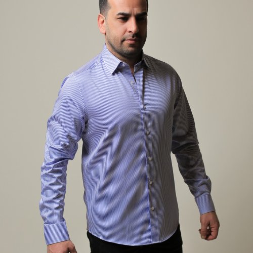 %100 PAMUK SATEN MAVİ İNCE ÇİZGİLİ SLİM FIT GÖMLEK - M UQU9