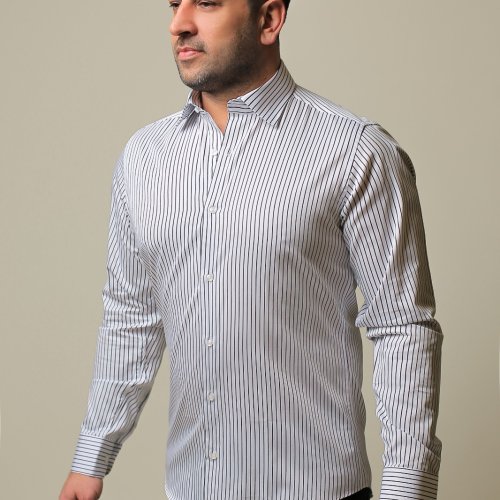 %100 Pamuk Saten Siyah Çizgili Beyaz Slim Fit Erkek Gömlek - L 3IJ8