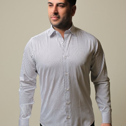 %100 Pamuk Saten Siyah Çizgili Beyaz Slim Fit Erkek Gömlek - L TF2E