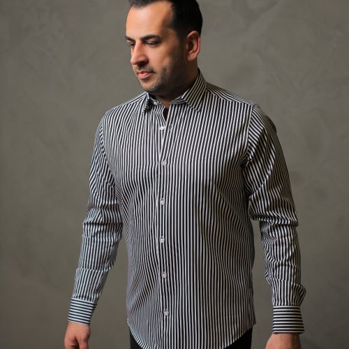 %100 Pamuk Saten Siyah Kalın Çizgili Slim Fit Gömlek - S